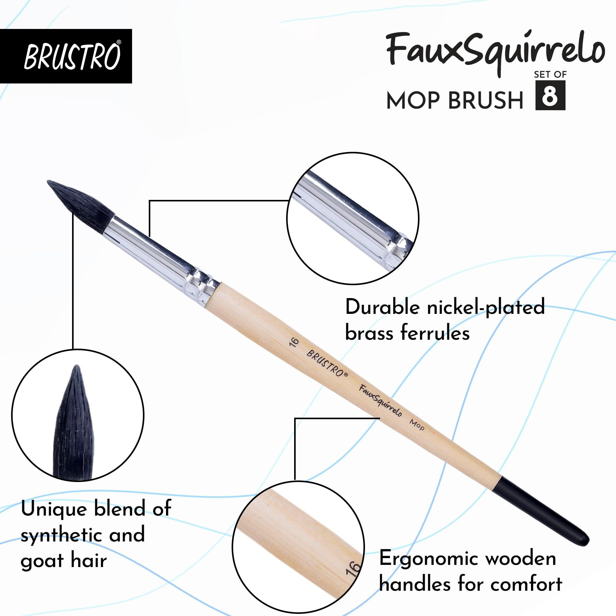 Brustro Faux Squirrelo Mop Brush | Round, Set Of 8 (Size- 1,4,5,8,10,12,14,16) | Synthetic And Natural Bristles, Short And Wooden Handle, Ideal For Watercolor, Gouache, Inks, Professional Artists