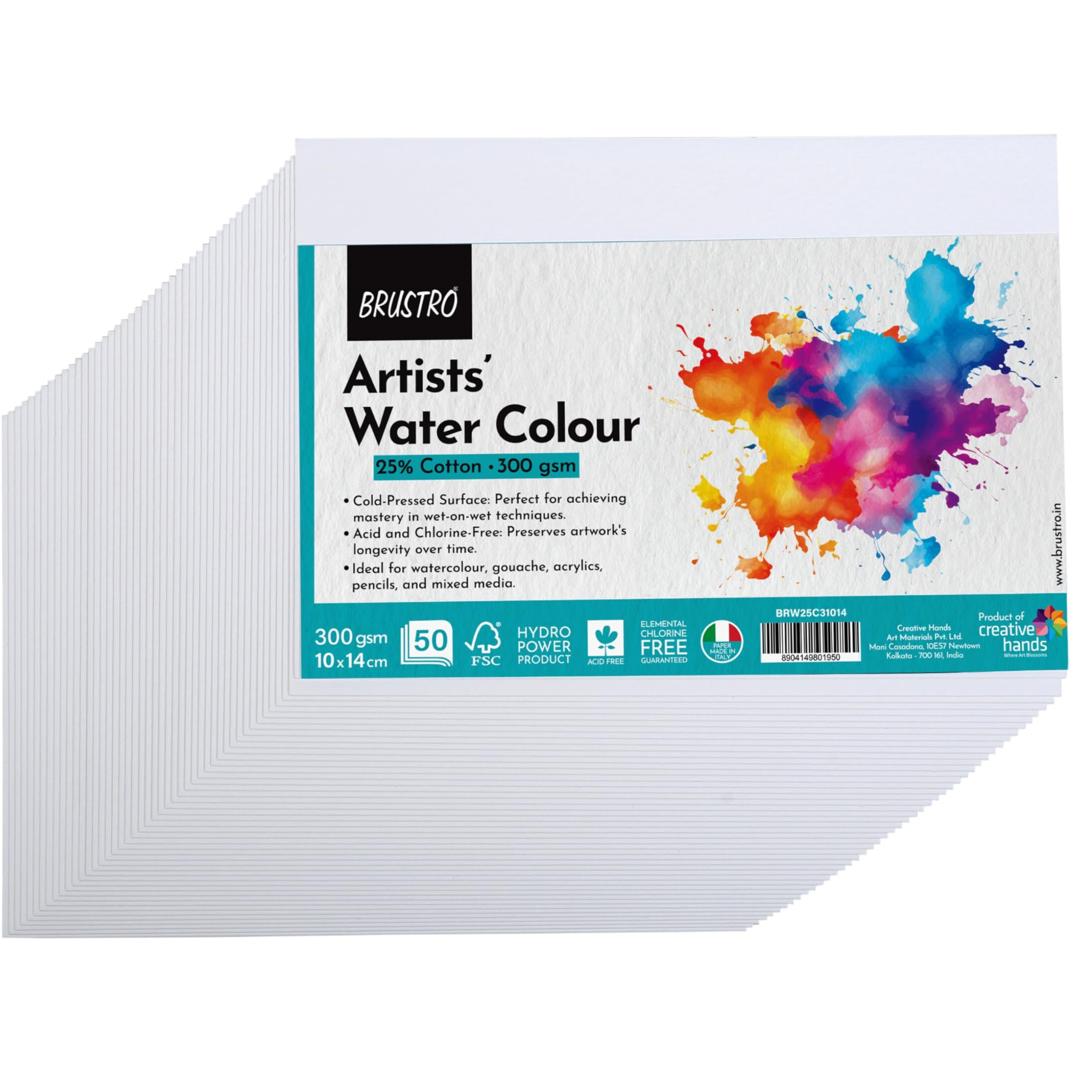 Brustro Artists 25% Cotton Watercolour Paper, Cold Pressed, 300 Gsm, Size (Small) 10X14 Cm-50 Sheets,(4 Inch X 5.5 Inch)|Ideal For Watercolor,Acrylic,Gouache,Charcoal,Graphite,Ink & Other Mixed Media