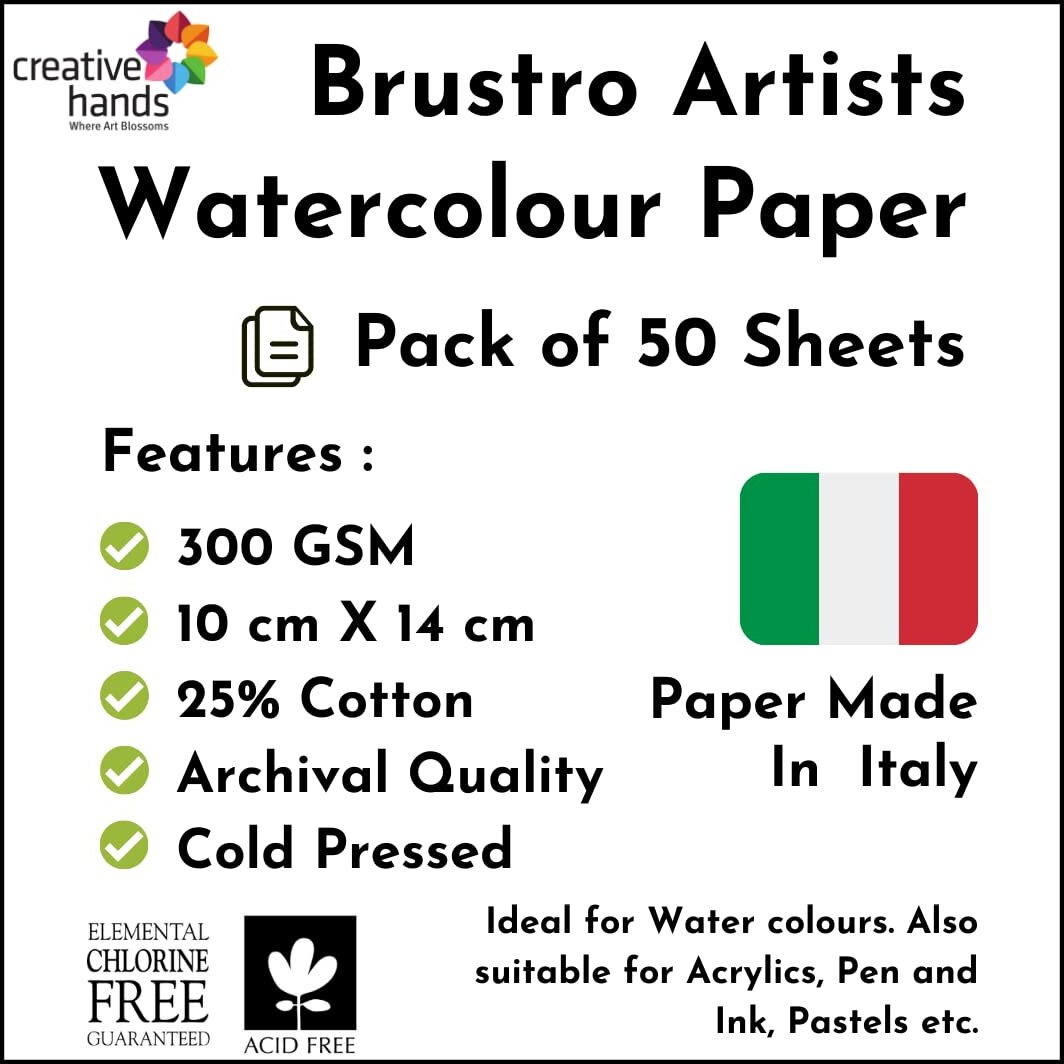 Brustro Artists 25% Cotton Watercolour Paper, Cold Pressed, 300 Gsm, Size (Small) 10X14 Cm-50 Sheets,(4 Inch X 5.5 Inch)|Ideal For Watercolor,Acrylic,Gouache,Charcoal,Graphite,Ink & Other Mixed Media