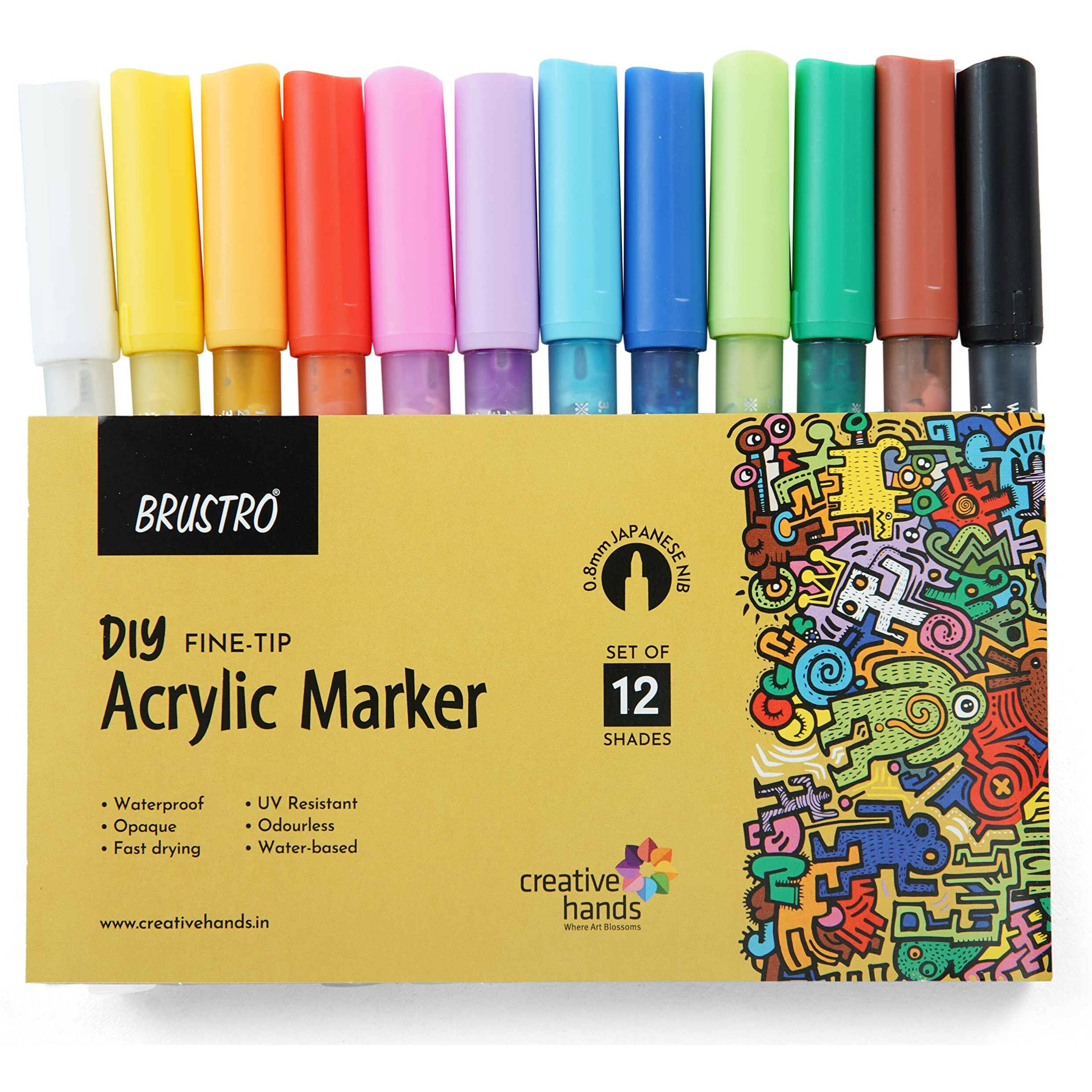 Brustro Acrylic (Diy) Fine Tip Marker Set Of 12 - Basic 0.8Mm |Water-Resistant,Matte Finish,Uv Resistant,Non-Toxic Colours|Ideal For Craftworks,School, Works On Glass & Plastic
