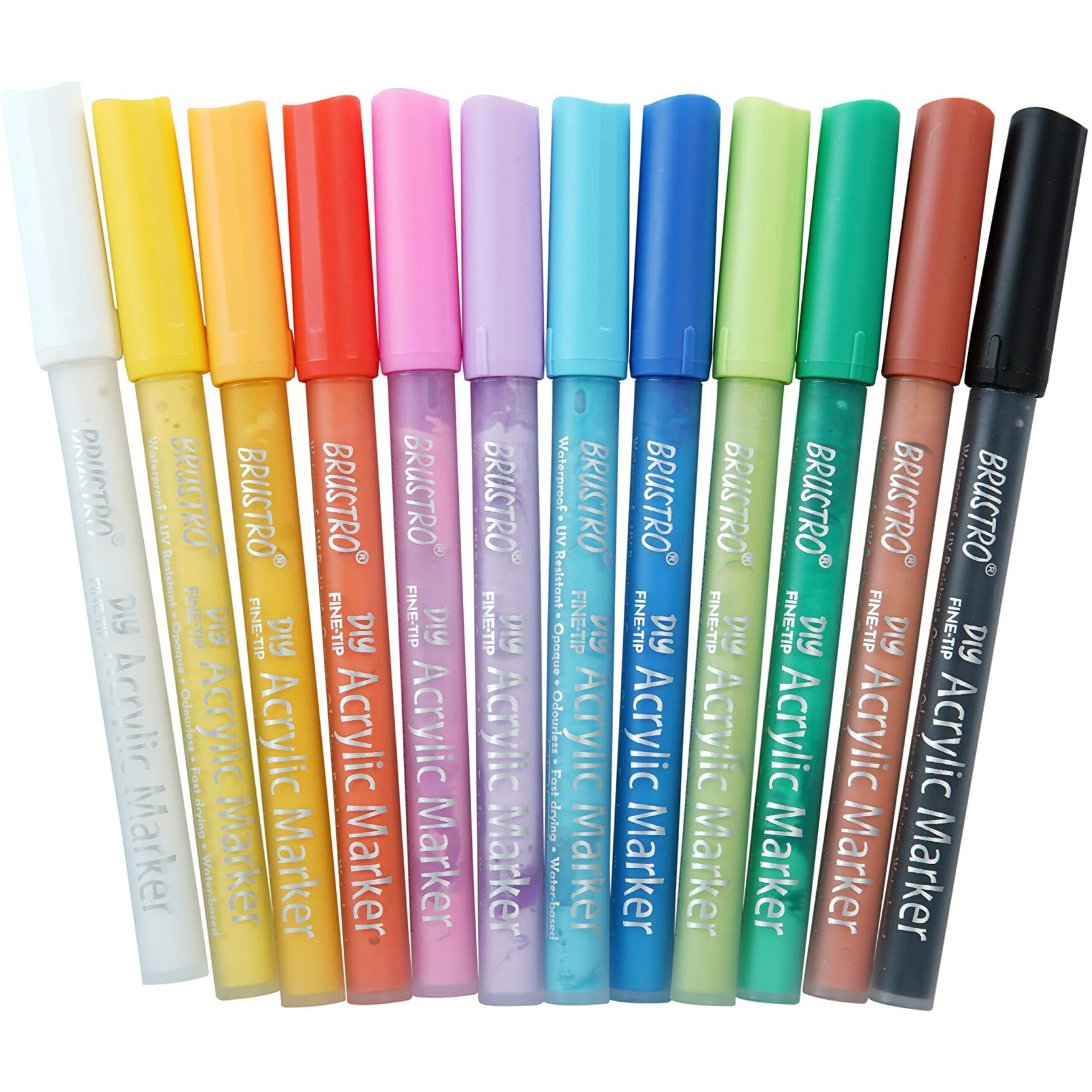 Brustro Acrylic (Diy) Fine Tip Marker Set Of 12 - Basic 0.8Mm |Water-Resistant,Matte Finish,Uv Resistant,Non-Toxic Colours|Ideal For Craftworks,School, Works On Glass & Plastic