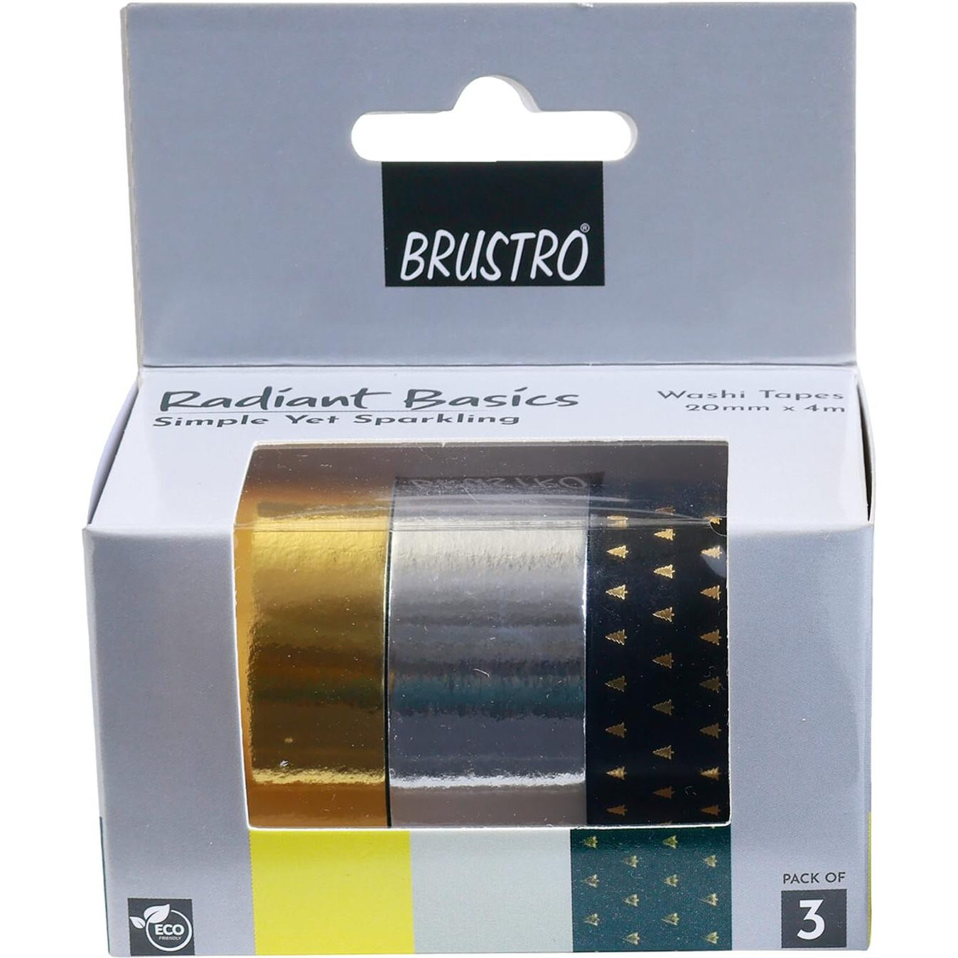 Brustro Radiant Basics Washi Tape  Simple Yet Sparkling (Set Of 3) | 20Mm X 4M | Golden Shade, Silver, Black With Gold | Ideal For Scrapbooking,Card & Gift Wrapping,Diy,Home Decor,Art,Craft Supplies