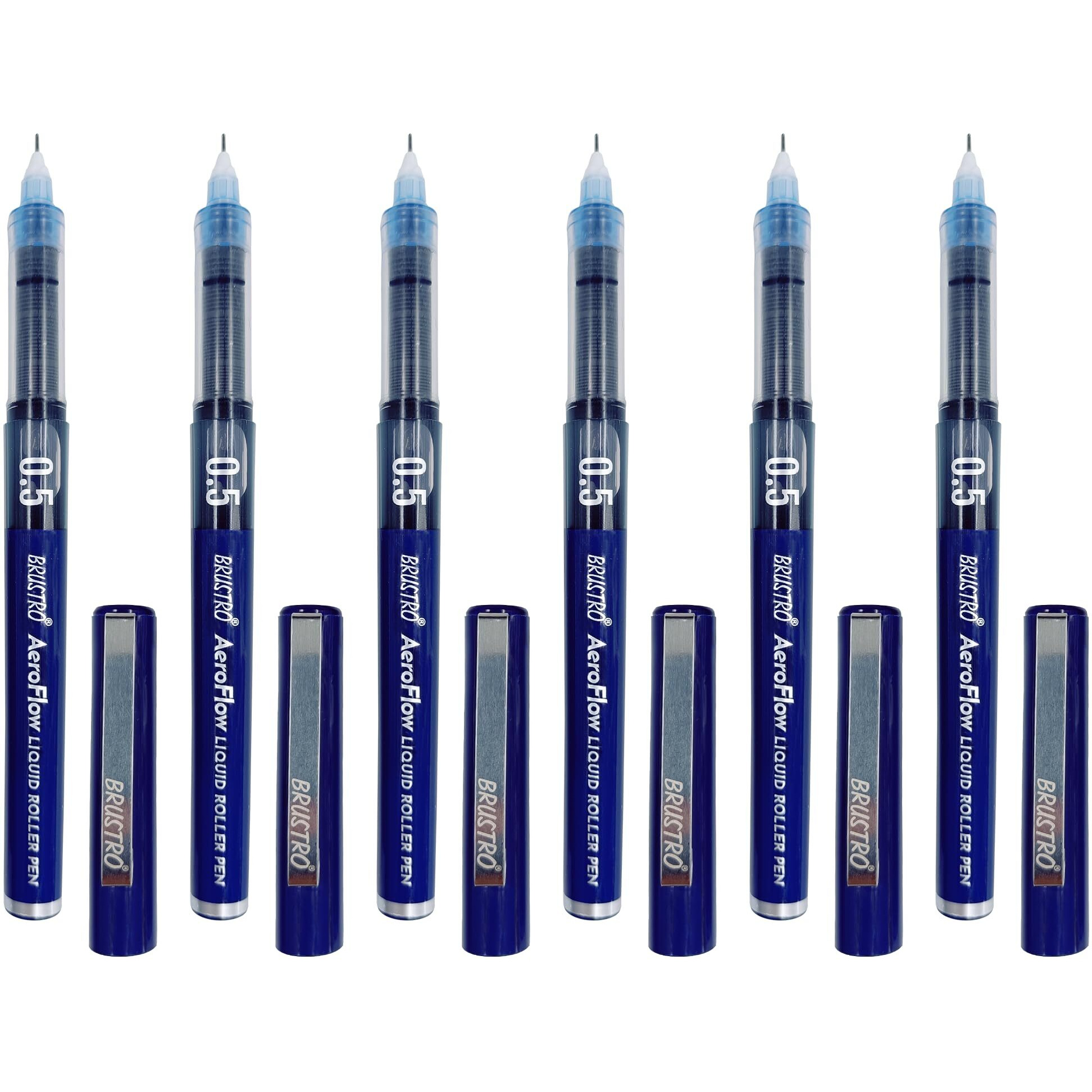 Brustro Aeroflow Liquid Ink Rollerball Pens | Blue | 0.5Mm, Micro Tip | Pack Of 6| Ideal For Students, Professionals, Office, Exam Use, Accurate Smooth Writing, Fade Resistant