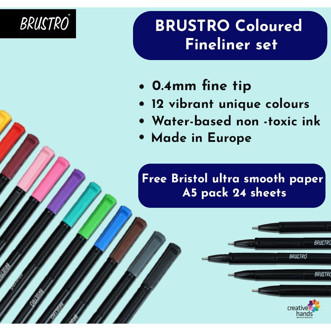 Brustro Coloured Fineliner Set Of 12, 0.4Mm. Ideal For Writing, Drawing, Doodles, Mandala Etc.