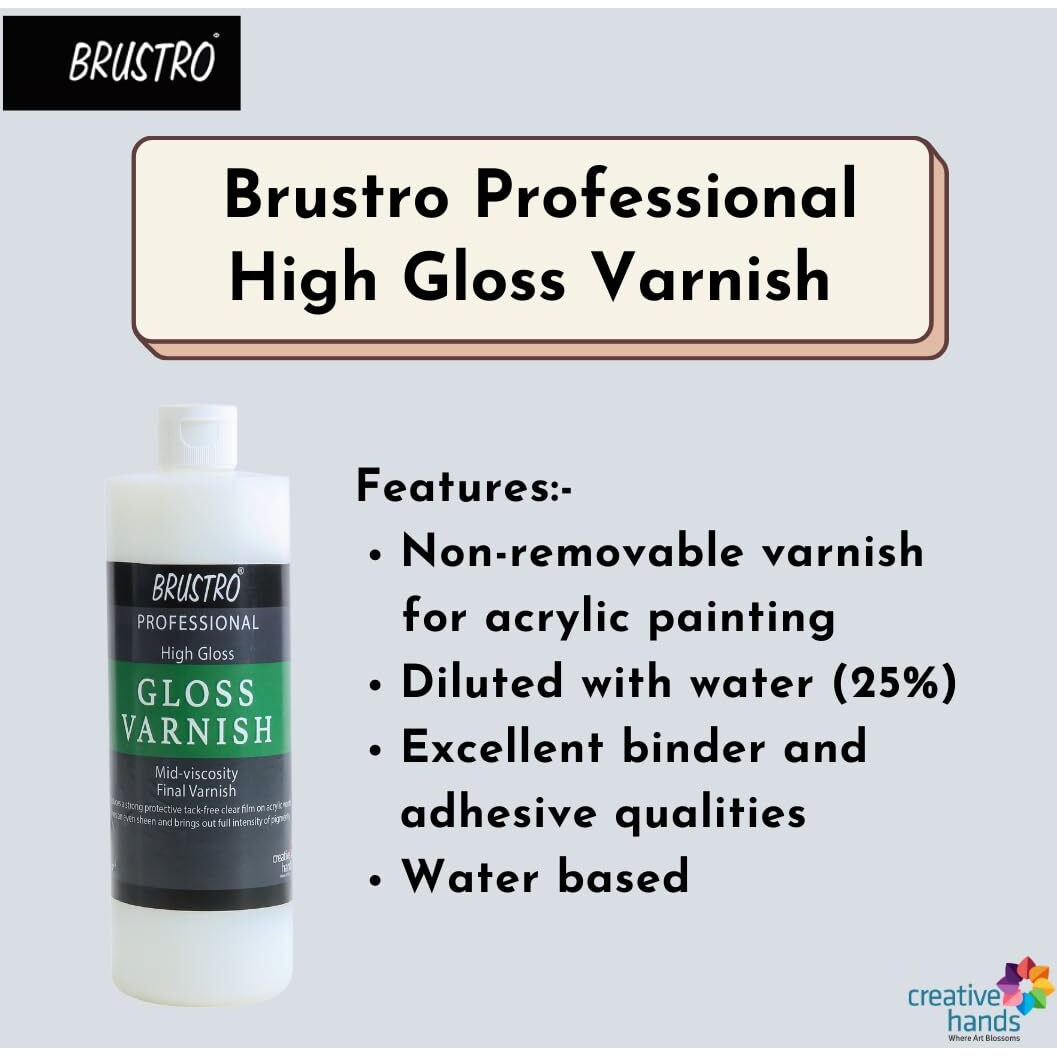 Brustro Artist's Professional Liquid Varnish| High Gloss Finish|500Ml| Apply With Brush |Perfect Coating On Acrylic Painting,Non-Yellowing,Transparent,Canvas,Paper, Artwork Protection.