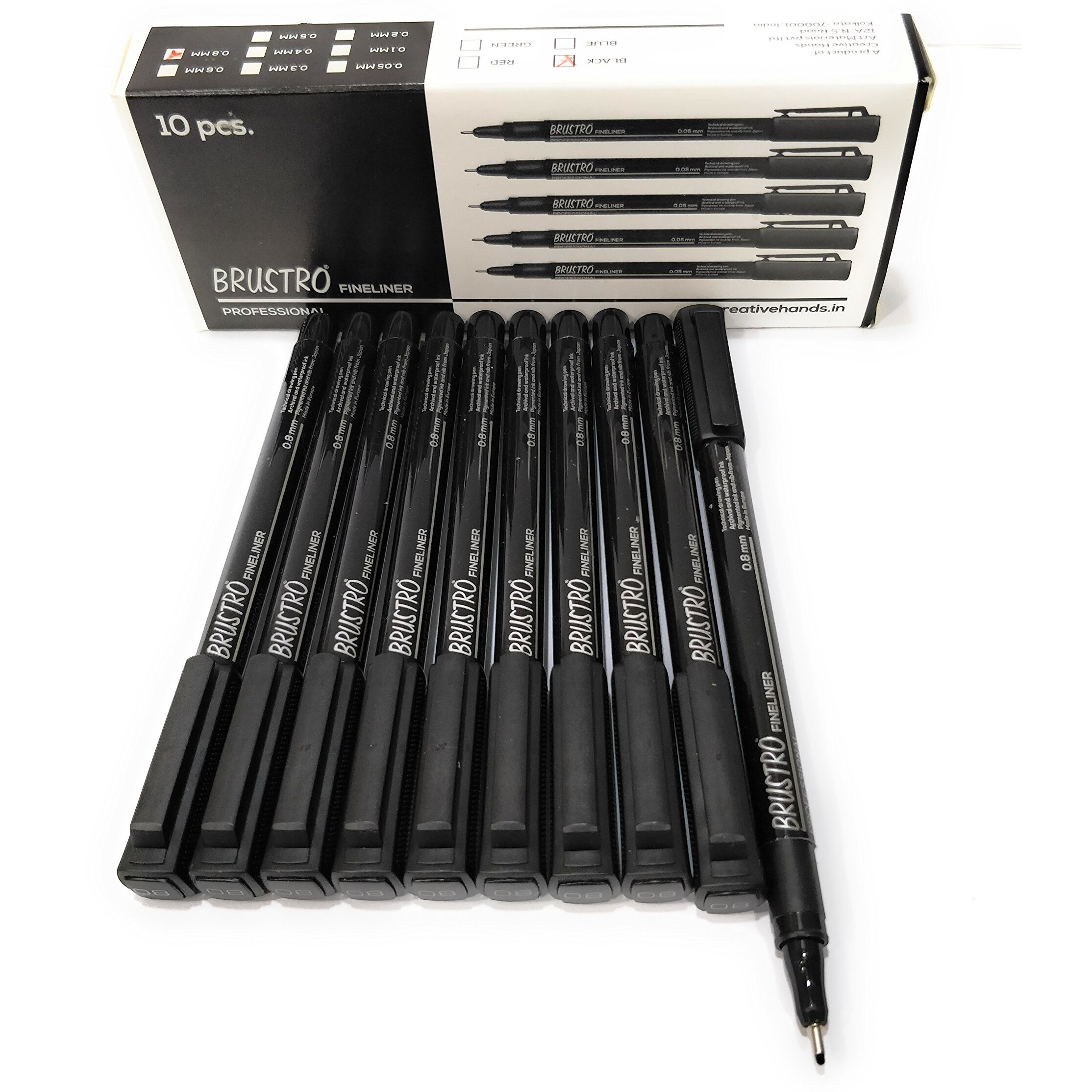 Brustro Professional Pigment Based Fine Liner Box Of 10 (Tip Sizes Of 0.8 Mm, Black And Archival Waterproof Uv Resistant Ink) With Comfortable Grip, Ideal For Mandala, Sketching, Writing, Doodling