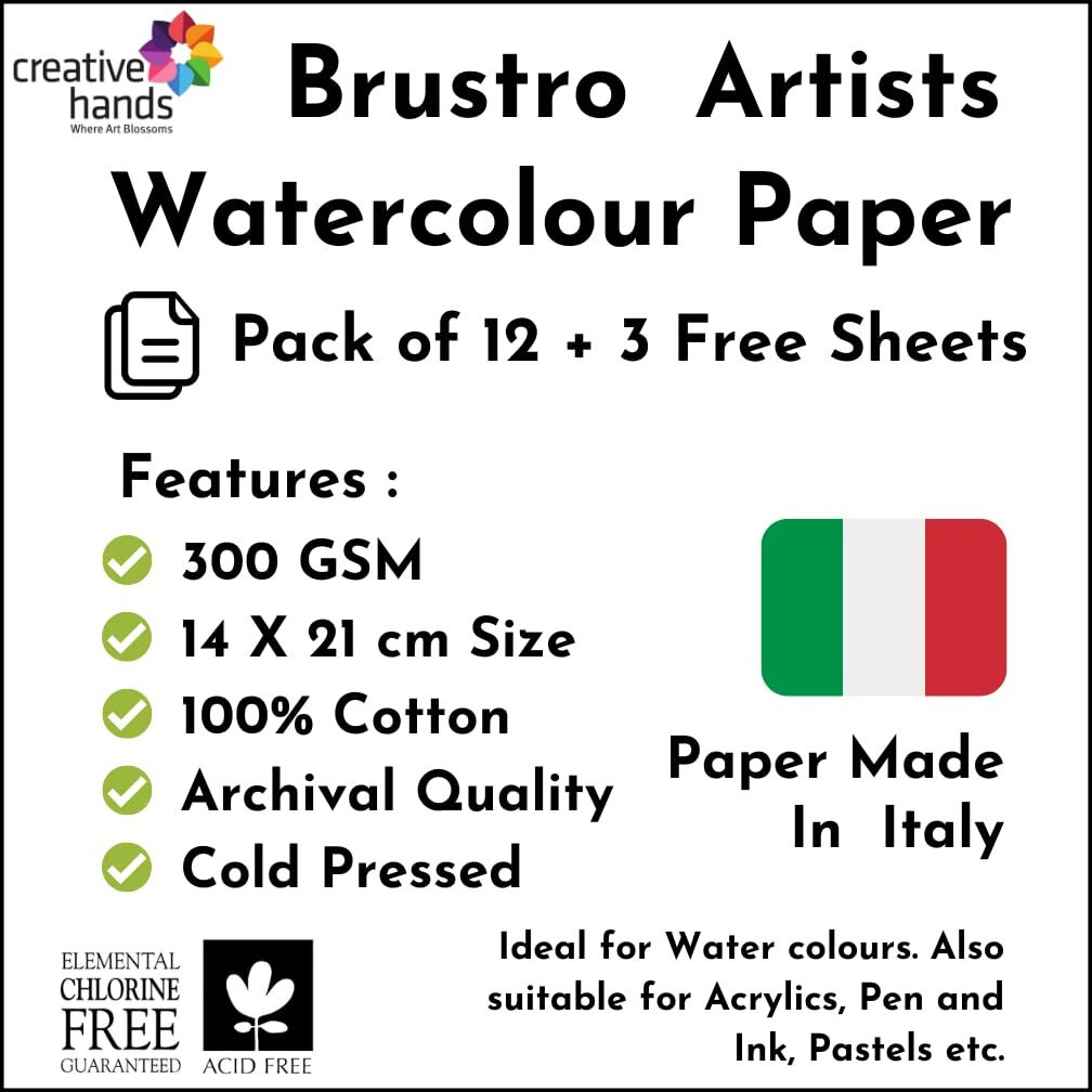 Brustro Artists 100% Cotton Watercolour Paper,300 Gsm, Cold Pressed, 14X21Cm (12+3 Sheets Free) | Ideal For Watercolor,Acrylic,Gouache,Charcoal,Graphite,Ink & Other Mixed Media