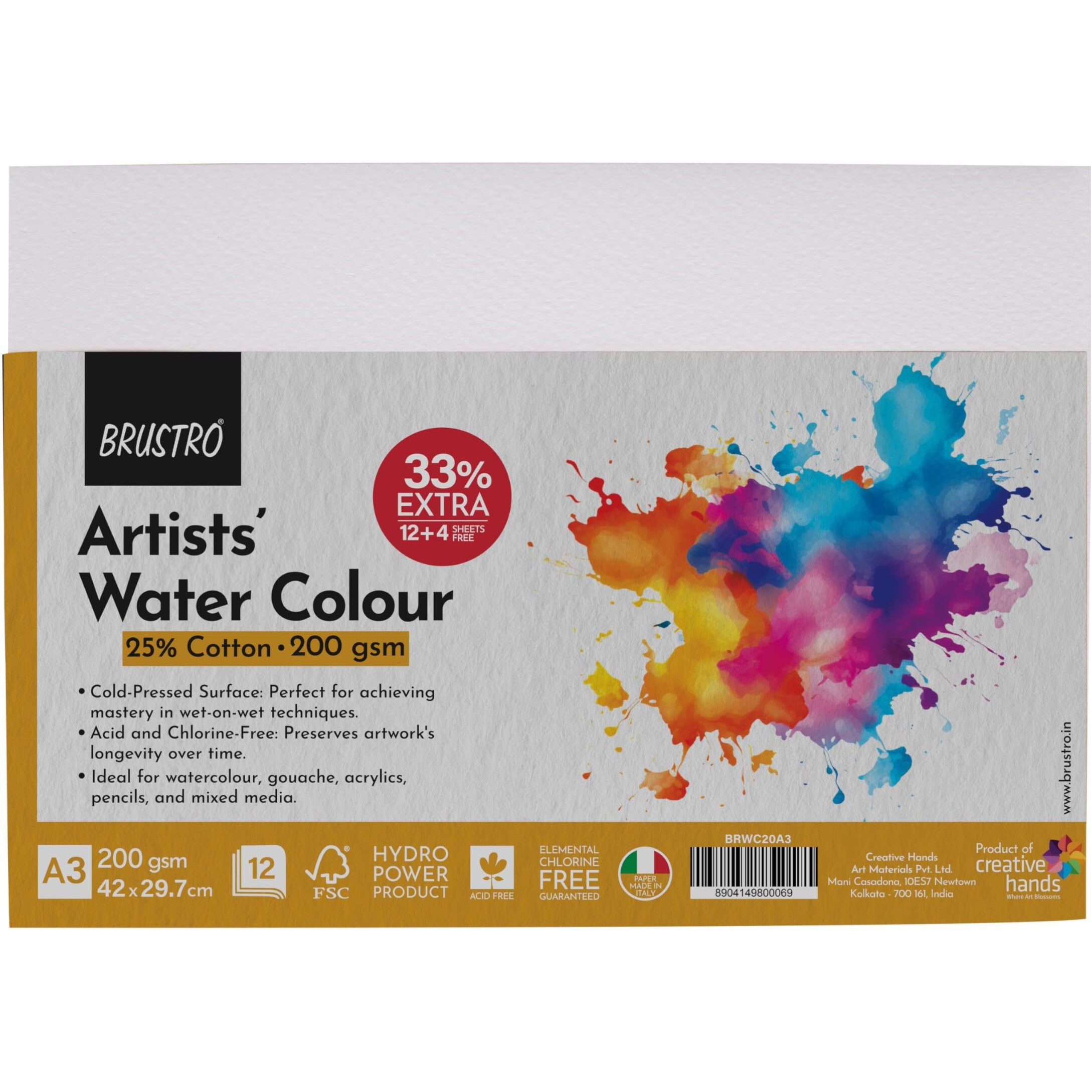 Brustro Artists 25% Cotton Watercolour Paper, Cold Pressed, 200 Gsm, A3 Size, Pack Of 16 Sheets | Ideal For Watercolor,Gouache,Charcoal,Graphite,Ink & Other Mixed Media