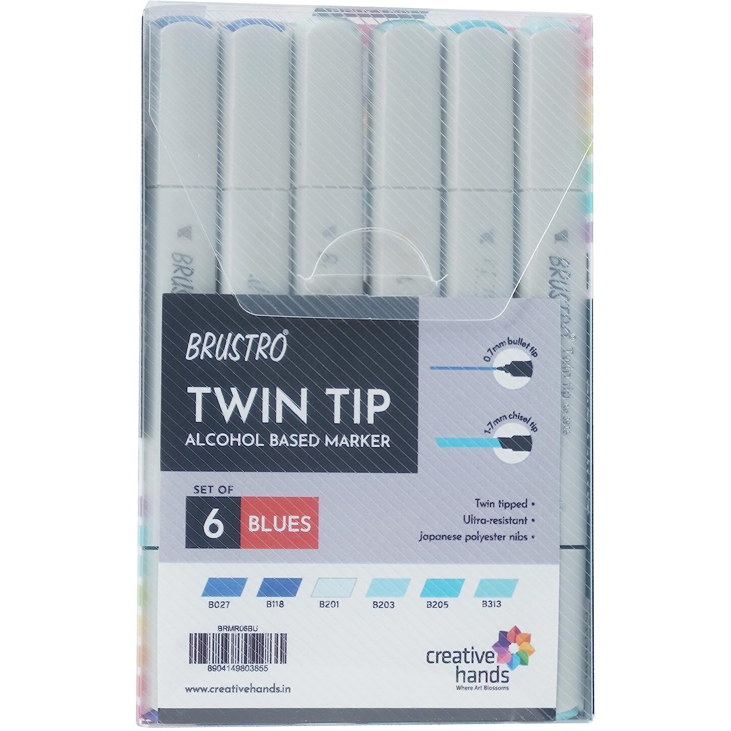 Brustro Twin Tip Alcohol Based Marker Set Of 6 (Blues) In Crossline Pp See Through Box|Tip Size - Broad 1-7Mm Line,Fine 0.7Mm|Ideal For Texturing,Sketching,Graffiti,Comic Artist,Fine Art Student