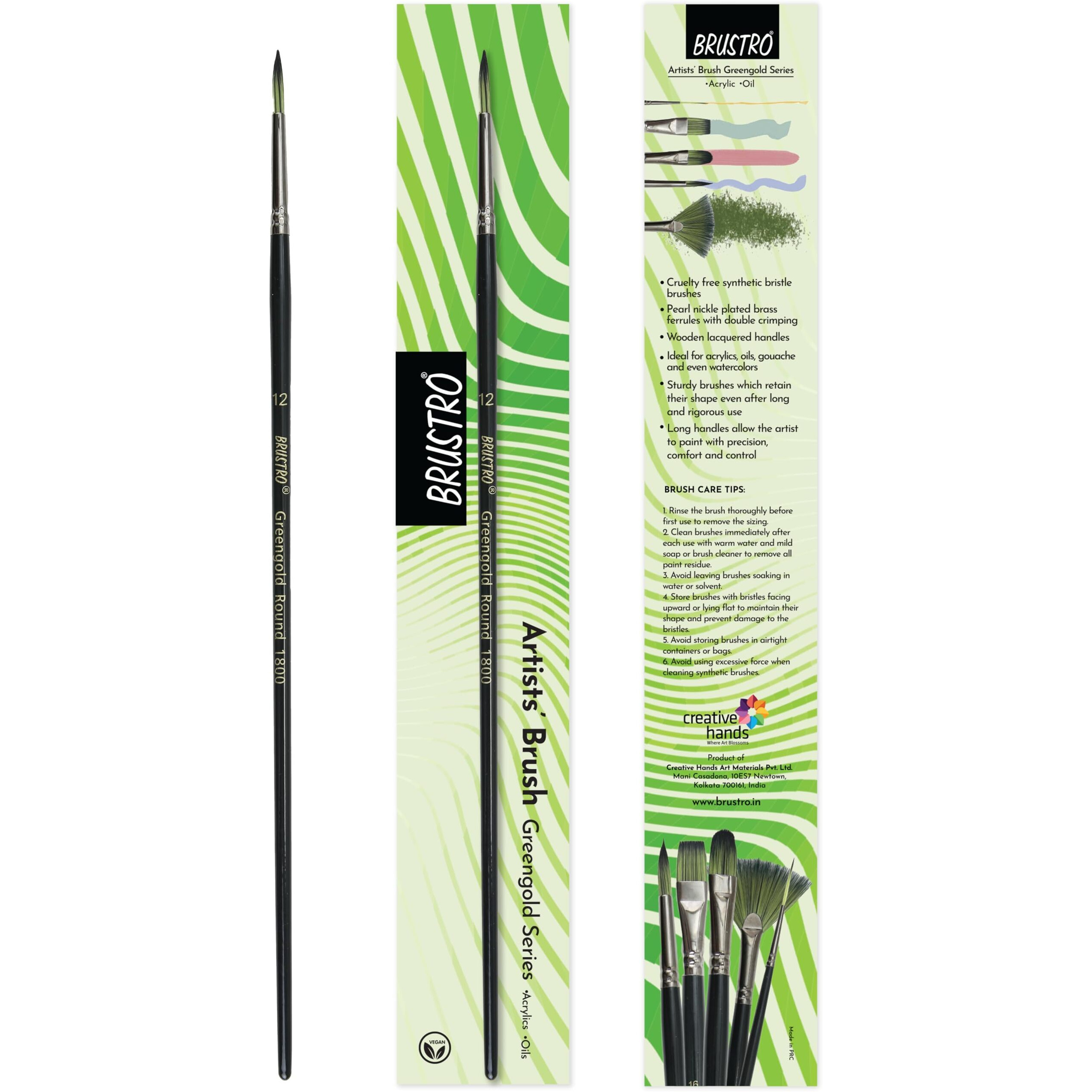 Brustro Artists Greengold Acrylic Brush Round Series 1800 - Size - 12 | Ideal For Oil, Acrylic Painting On Paper, Canvas, Fine Art Students And Professional.