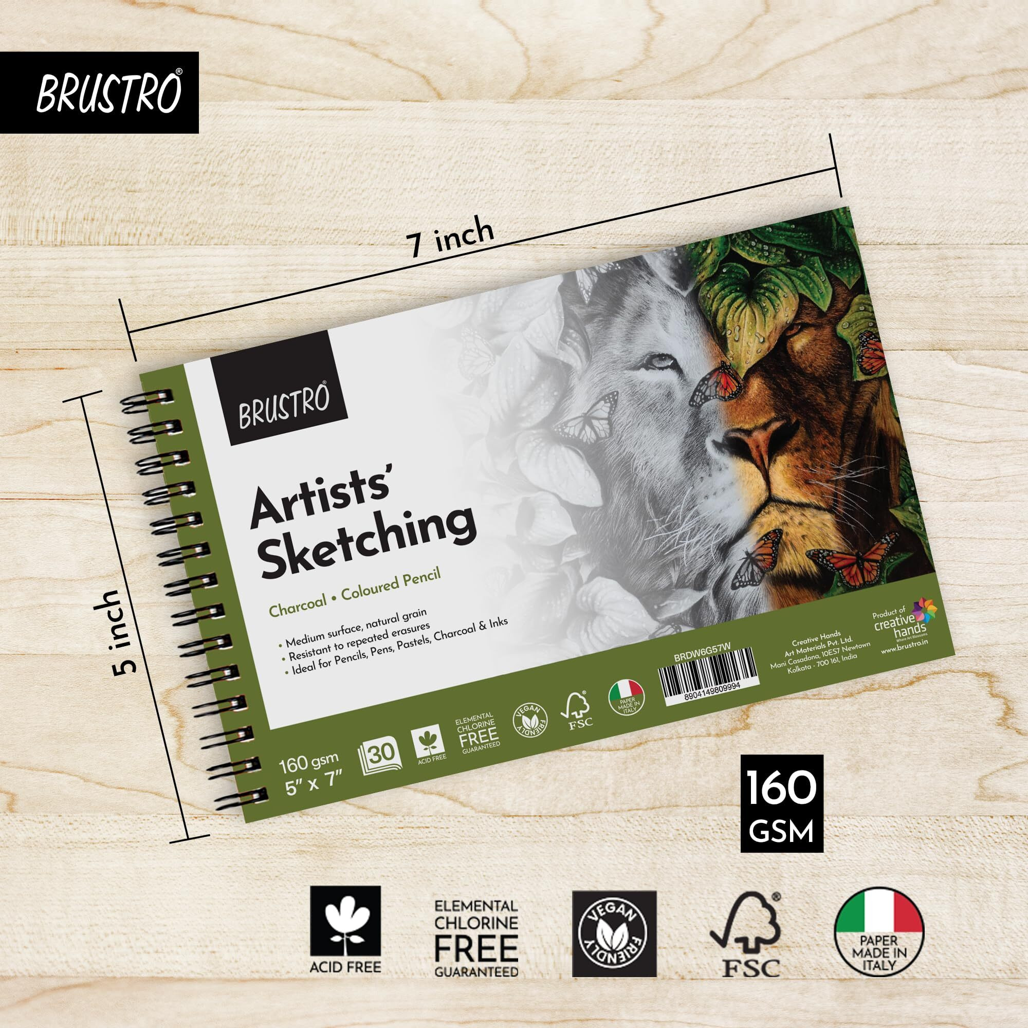 Brustro Artists Drawing & Sketching Wiro-Bound Paper Pad, 5X7 Inches, 160 Gsm, 30 Sheets|Ideal For Pencil, Charcoal, Art, Pen, Pastel, Ink.