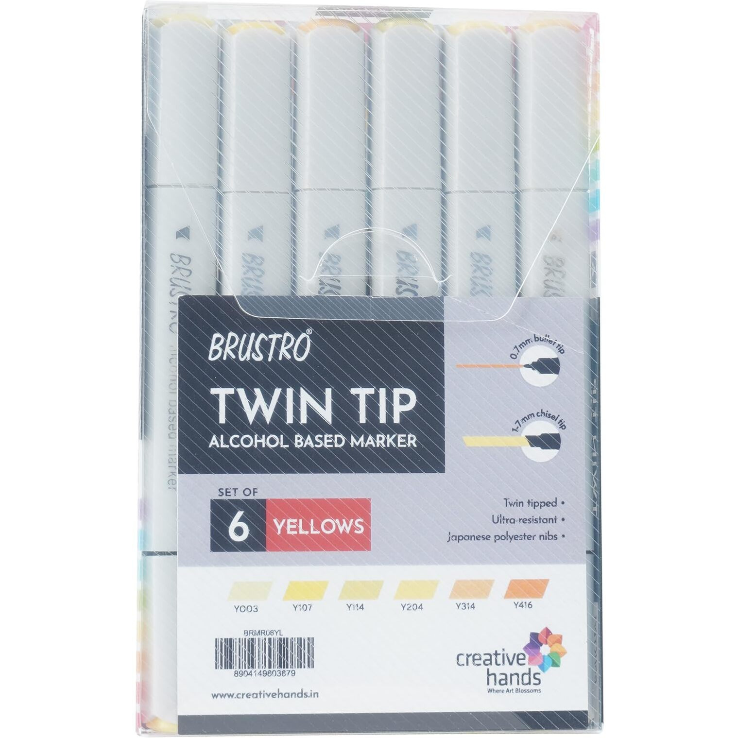 Brustro Twin Tip Alcohol Based Marker Set Of 6 (Yellow) In Crossline Pp See Through Box|Tip Size - Broad 1-7Mm Line,Fine 0.7Mm|Ideal For Texturing, Sketching,Graffiti,Comic Artist,Fine Art Student