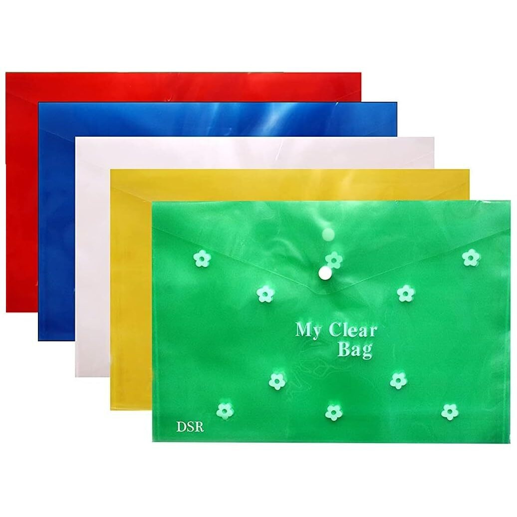 Eclet 5 A4 Document File Folder Bag, Transparent Envelope Holder Storage Case, Snap Button Organizer, Clear Flower Plastic Container For Papers, Stationery - 5 Pack