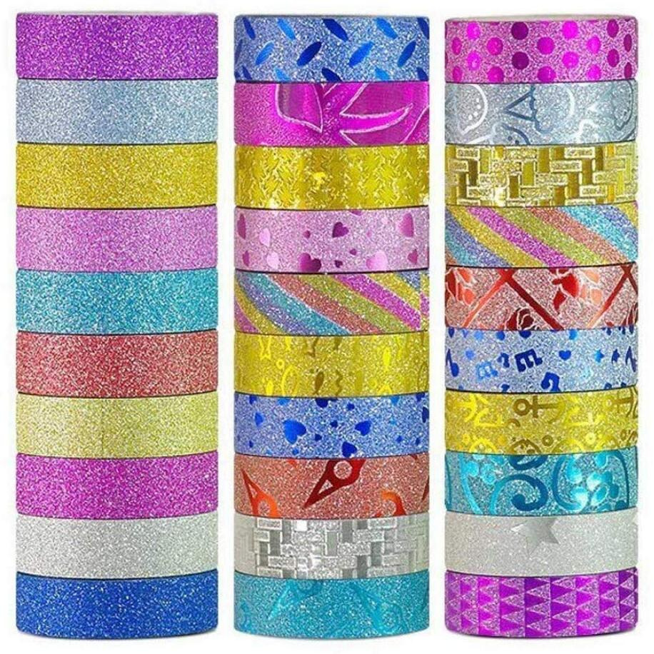 Eclet Pack Of 36Pcs Colorful Decorative Adhesive Glitter Tape Rolls, Color Tape, Designer Tape, Decorative Material Set Of 36 Pieces Craft Material Glitter Tape Decoration