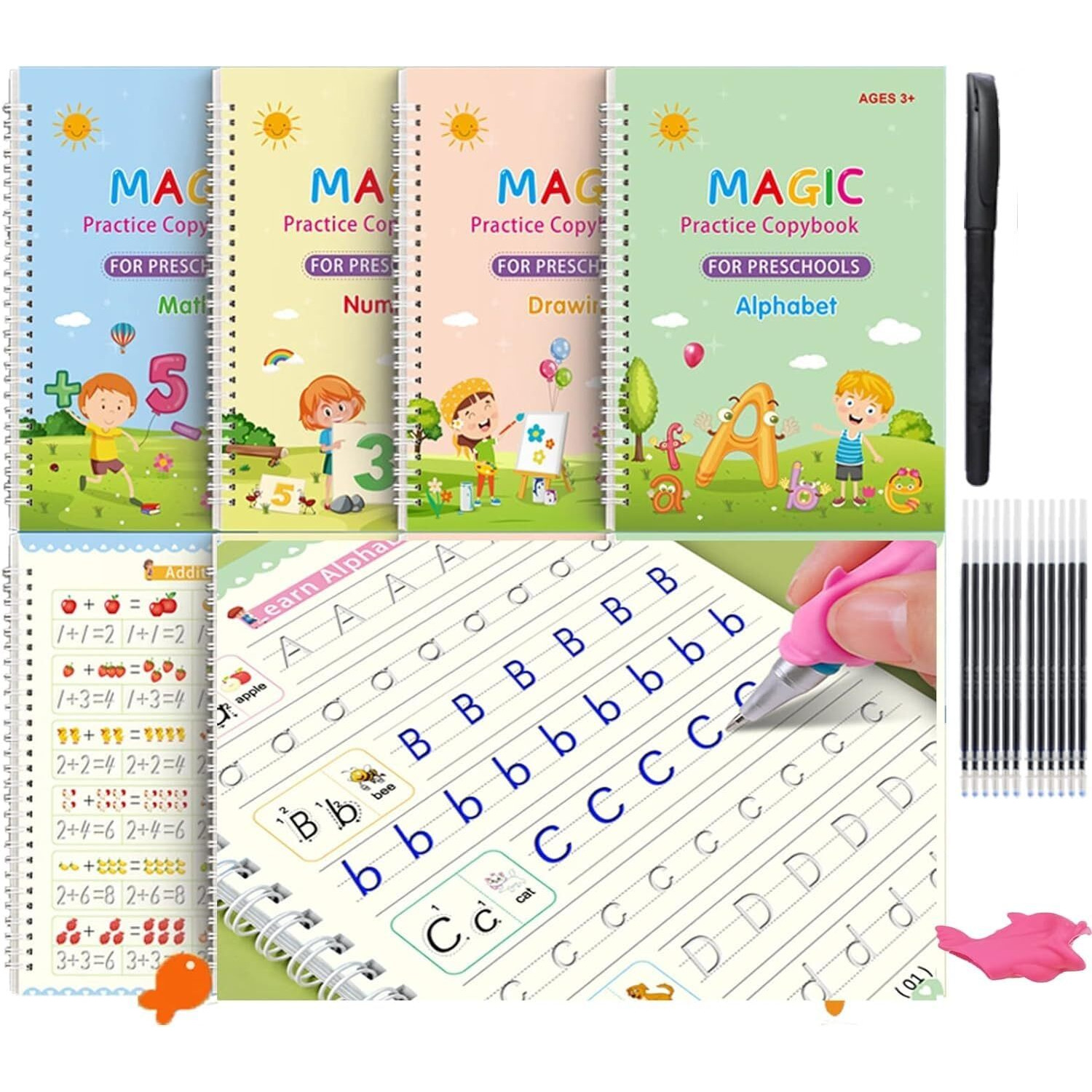 Eclet Magic Book For Kids, Sank Magic Practice Copybook, (4 Book+10 Refill+1 Pen+1 Grip) Number Tracing Book For Pre-Schoolers With Pen, Magic Calligraphy Copybook Set Writing Tool For Kids(A)