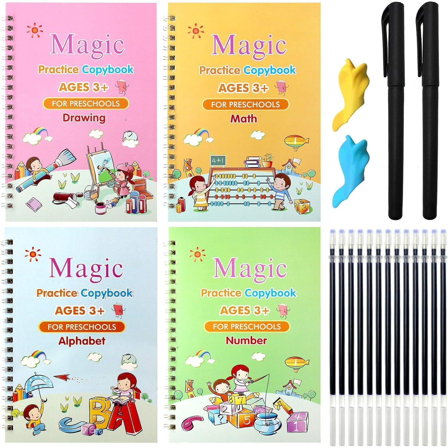 Eclet Magic Book For Kids, Sank Magic Practice Copybook, (4 Book+10 Refill+1 Pen+1 Grip) Number Tracing Book For Pre-Schoolers With Pen, Magic Calligraphy Copybook Set Writing Tool For Kids