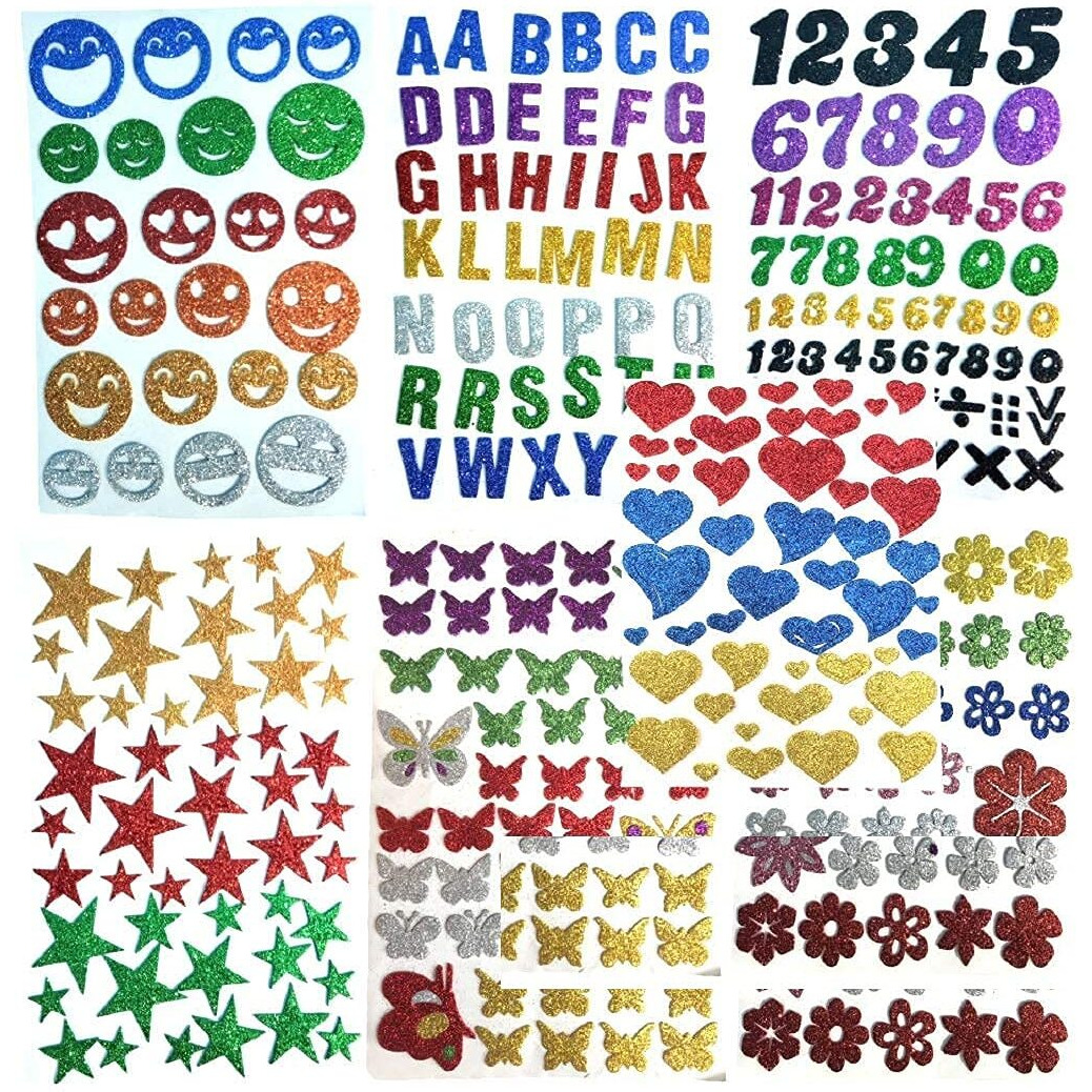 Eclet Glitter Foam Self Adhesive Alphabets Butterflies Stars Numeric Hearts Flowers And Smiley Mix Stickers For Art And Craft (Multicolour Medium) -Set Of 7 Sheets
