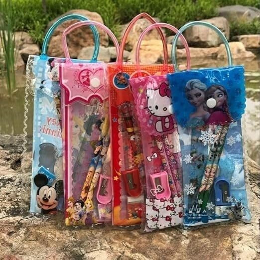 Eclet Party Favor Return Gift In Bulk For Kids Navratri Gift Set Of 6 Pouch Stationery Each Pack Include Pouch Notepad/Pencil/Sharpener/Scale/Sticker Best Return Gift Art Plastic Pencil Box