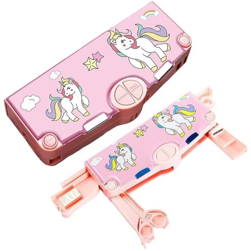 Eclet Magnetic Stationery (With Accessories) Unicorn Theme Trending Return Gift Geometry Compass Box For School Students Art Plastic Pencil Box (Set Of 1, Pink)