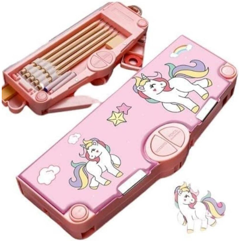Eclet Magnetic Stationery (With Accessories) Unicorn Theme Trending Return Gift Geometry Compass Box For School Students Art Plastic Pencil Box (Set Of 1, Pink)