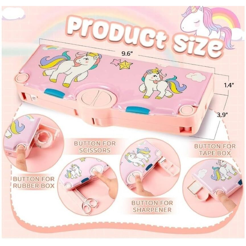 Eclet Magnetic Stationery (With Accessories) Unicorn Theme Trending Return Gift Geometry Compass Box For School Students Art Plastic Pencil Box (Set Of 1, Pink)