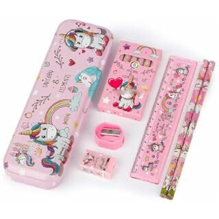 Eclet Unicorn Gift For Kids (Pack Of 12 Items) Cute Stationary Set Pencil Box Unicorn Gift For Kids (Pack Of 12 Items) Cute Stationary Set Art Polyester