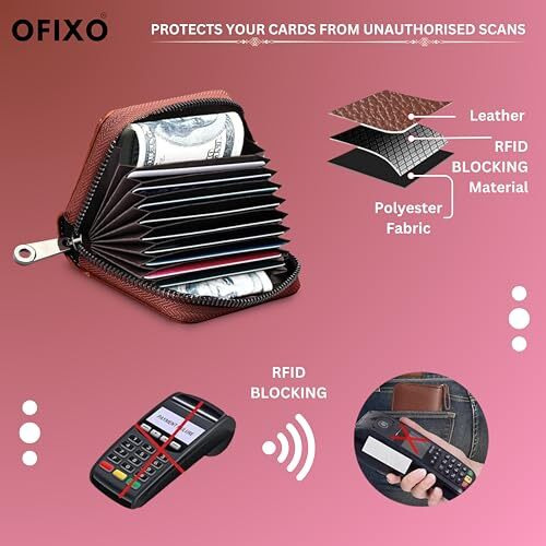 Ofixo 10 Slots Brown Unisex Leatherite Wallet With Zipper | Rfid Blocking Card Holder Zipper Wallet For Men And Women (Brown)