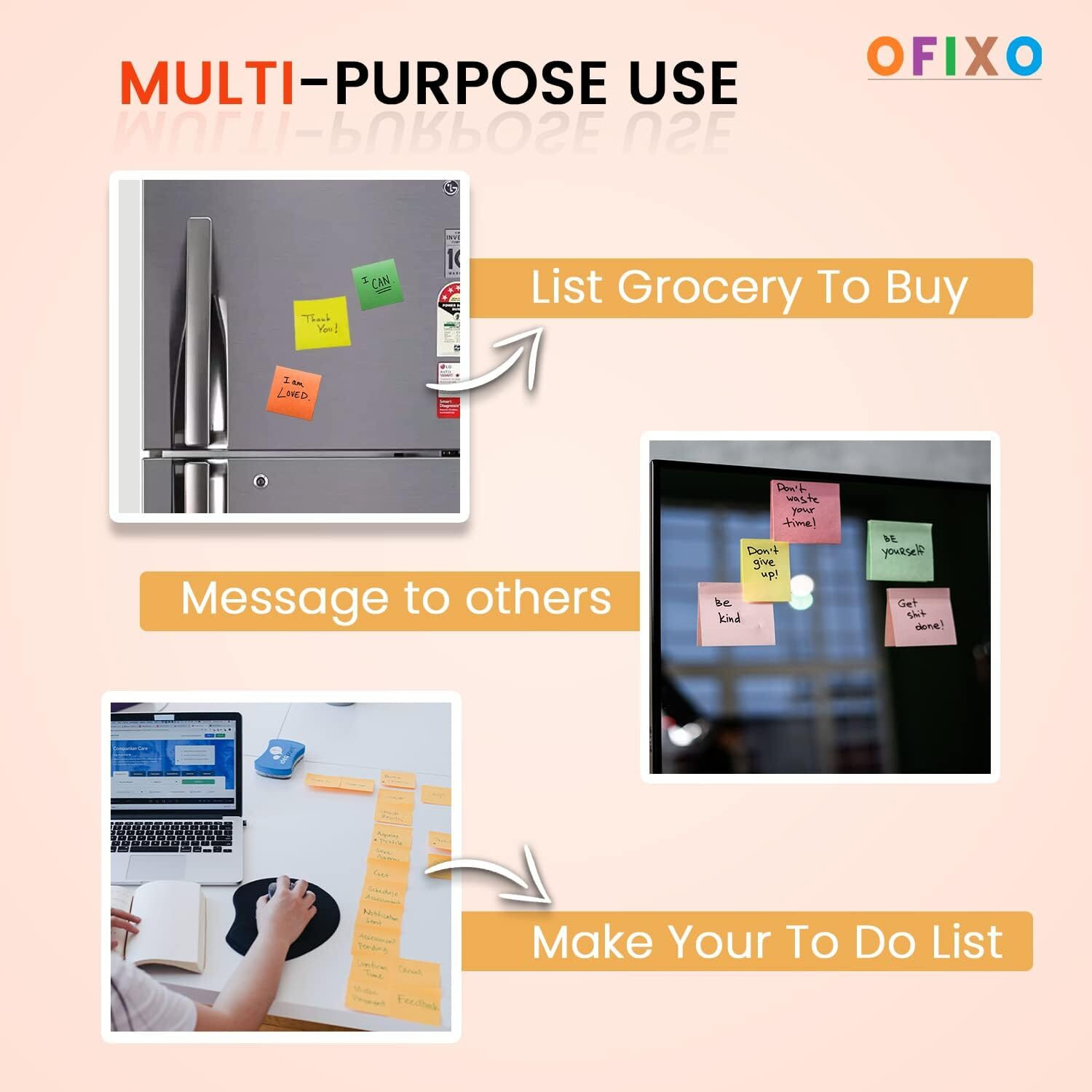 Ofixo Sticky Notes 3X3 Self-Stick Notes 5 Bright Color Strong Adhesive Sticky Notes (400 Pcs)