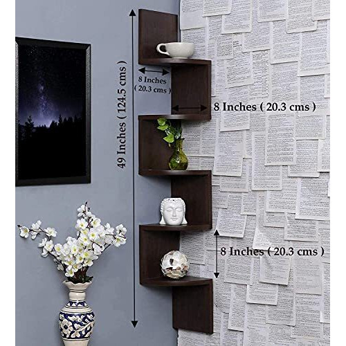 Ofixo Wooden Wall Shelves | Corner Hanging Shelf For Living Room Stylish | Zig Zag Home Decor Floating Display Rack Storage Organizer Unique Design With Finish 5 Tiers (Brown Finish)