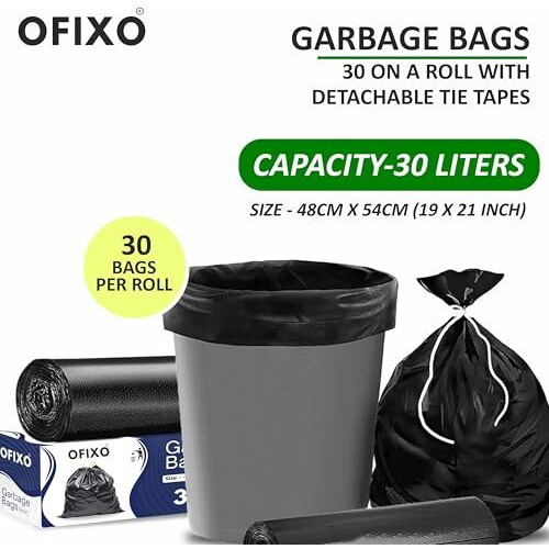 Ofixo - Premium Garbage Bag - Medium Size -19X21 Inches - Pack Of 1-30 Bags - For Dustbin/Trash (Pack Of 3 (90 Pcs))