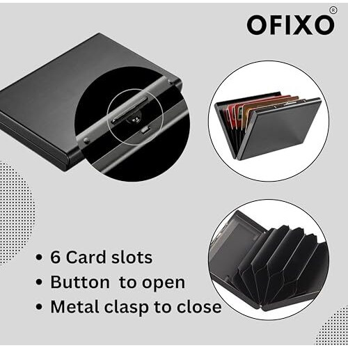 Ofixo Premium Metal Black Stylish Waterproof Executive Credit/Debit/Atm/Id/Visiting Super Sleek, Sturdy || 6 Card Holder 9.5Cm X 6.7Cm X 1.3Cm|| (Black - Pack Of 1)