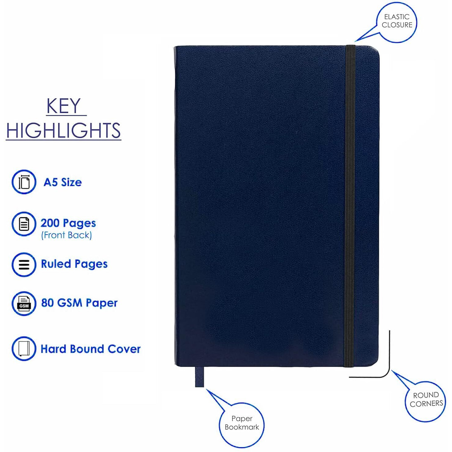 Accuprints Hard Bound Diary Or 5.8 * 8.3 Inches Notebook Diary With Elastic Lock Pu Leather Pages 200 For Office Parent (Navy Blue)