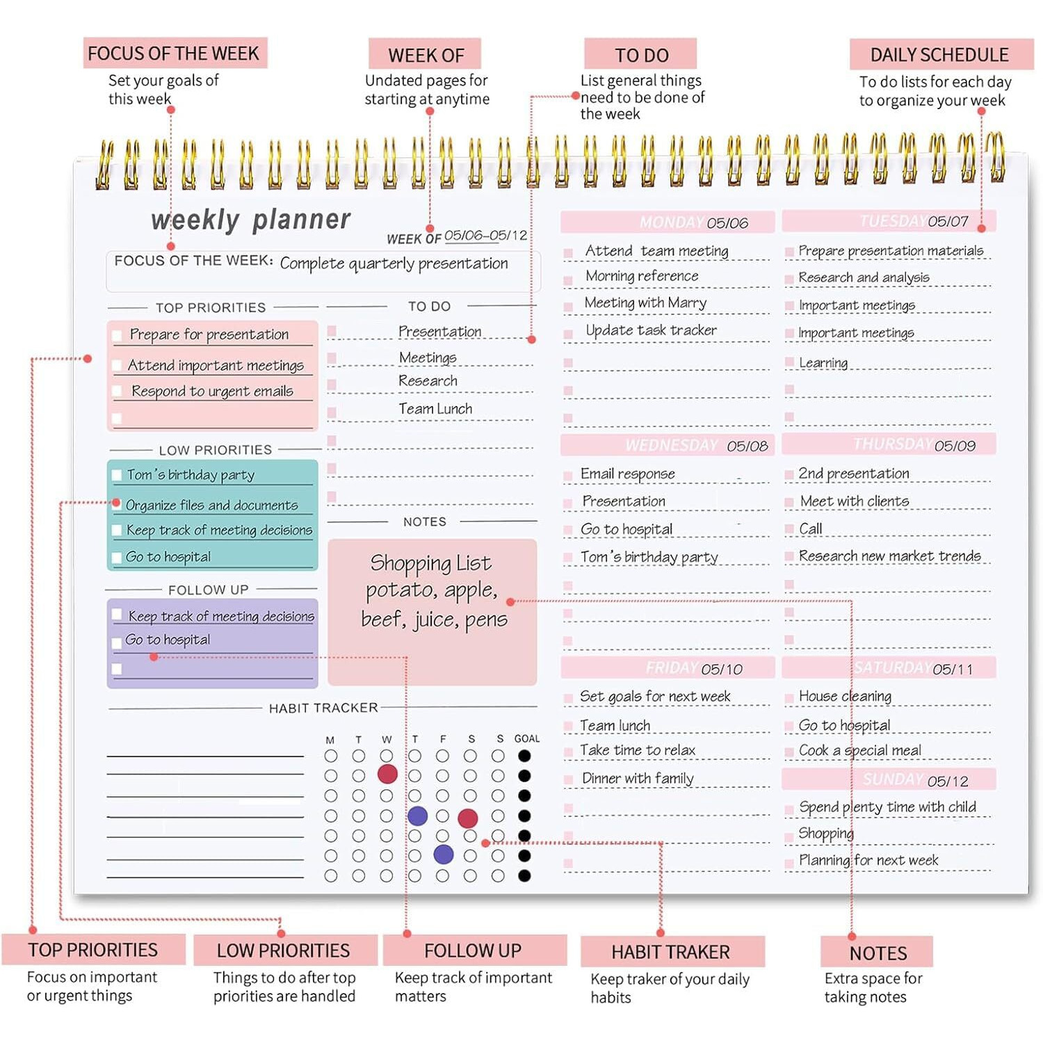 Accuprints Weekly Planner Notepad With 52 Undated Sheets8.5&quot11"- Weekly Desk Planner Pad With Spiral Binding For Women & Man, Office (Multicolor Planner)