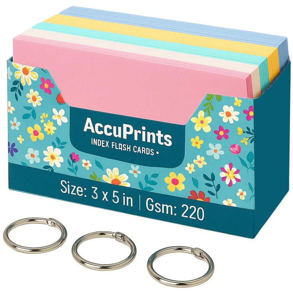 Accuprints 200 Coloured Index Flash Cards Tray - 5 Colours - 3X5 Inch - 200 Cards - Free Binder Rings - 200 Gsm Thick (Unruled)