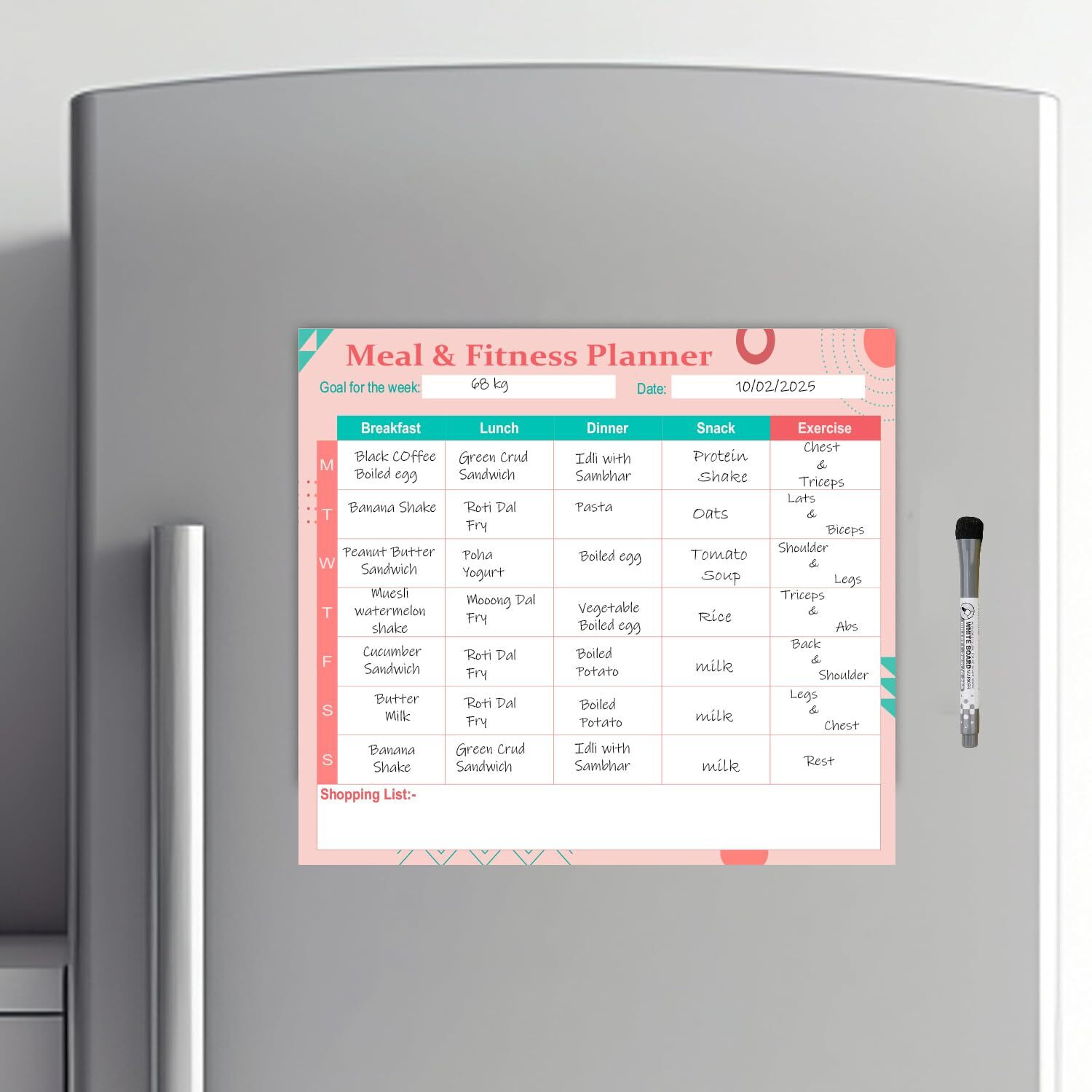 Accuprints Weekly Meal Planner Vinyl, Magnetic White Board Planner Sheet (30X30Cm, Landscape) With Marker Pen - Dry Erase Flexible Writing Film For Kitchen Fridge (Pink And Turquoise)