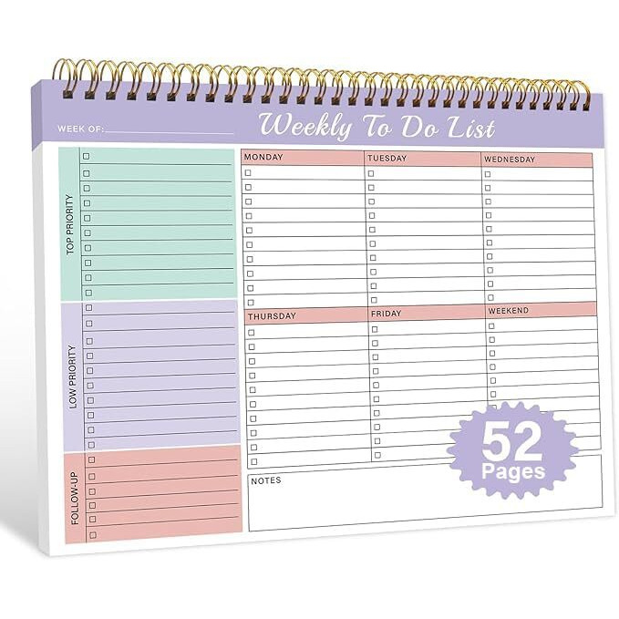 Accuprints Weekly To Do List Notepad With 52 Pages (26 Undated Sheets)8.5&quot11"- Weekly Desk Planner Pad With Spiral Binding For Women & Man, Office, School And Home Personal Organizer