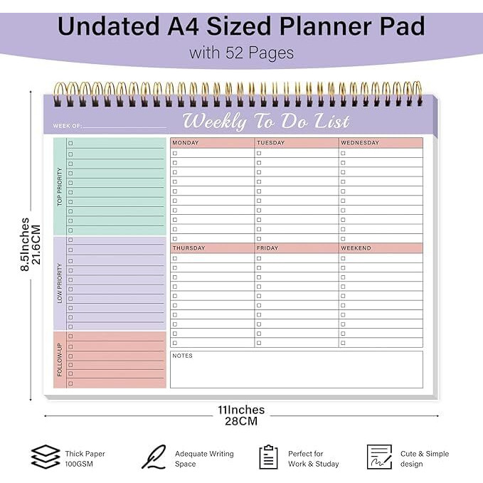 Accuprints Weekly To Do List Notepad With 52 Pages (26 Undated Sheets)8.5&quot11"- Weekly Desk Planner Pad With Spiral Binding For Women & Man, Office, School And Home Personal Organizer