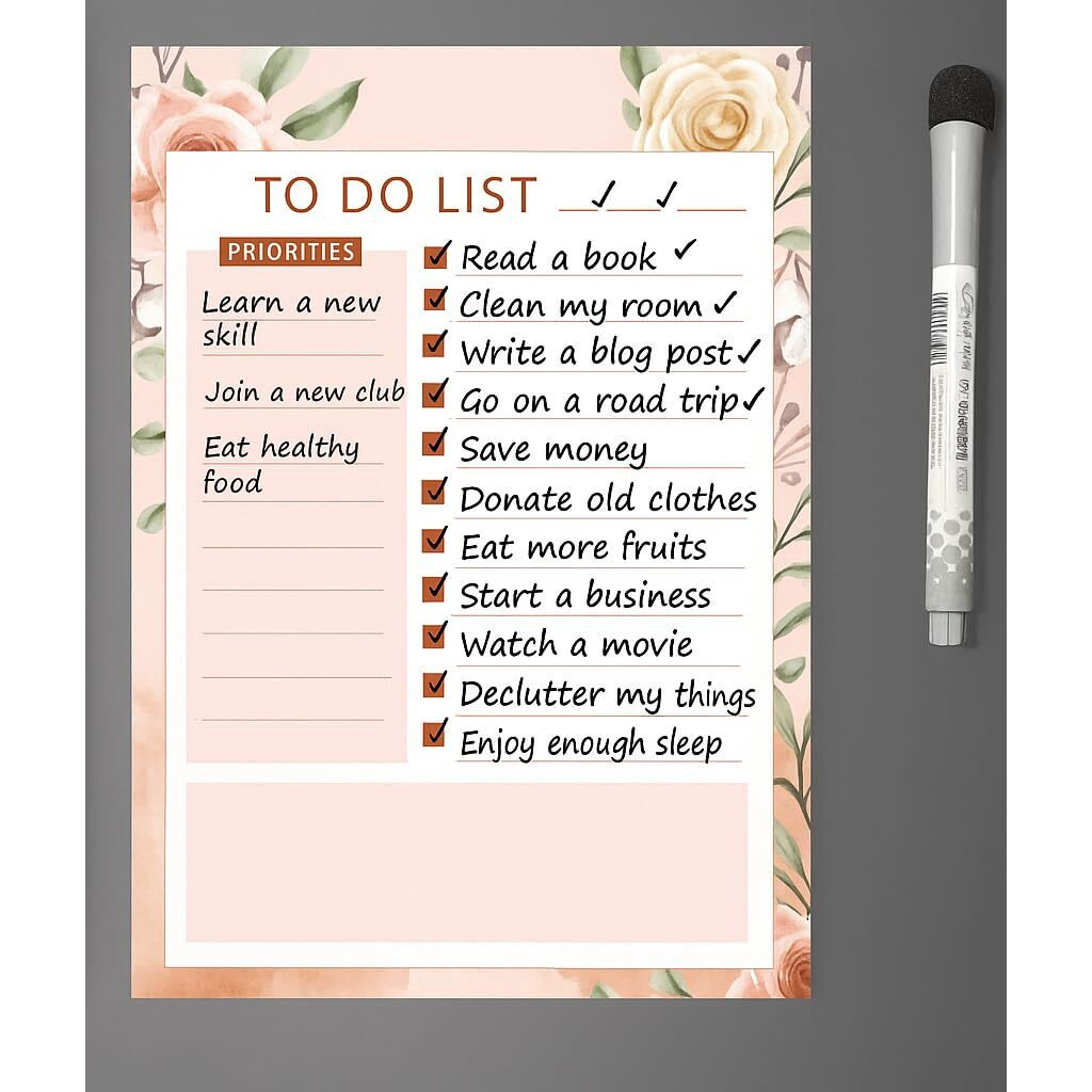Accuprints A4 Floral To-Do List Notepad With Priority Section (23X30Cm) Or 9X12 Inch With Magnetic Marker Pen - Dry Erase Flexible Writing Film For Kitchen Fridge/Office Godrej/Metal Wardrobe