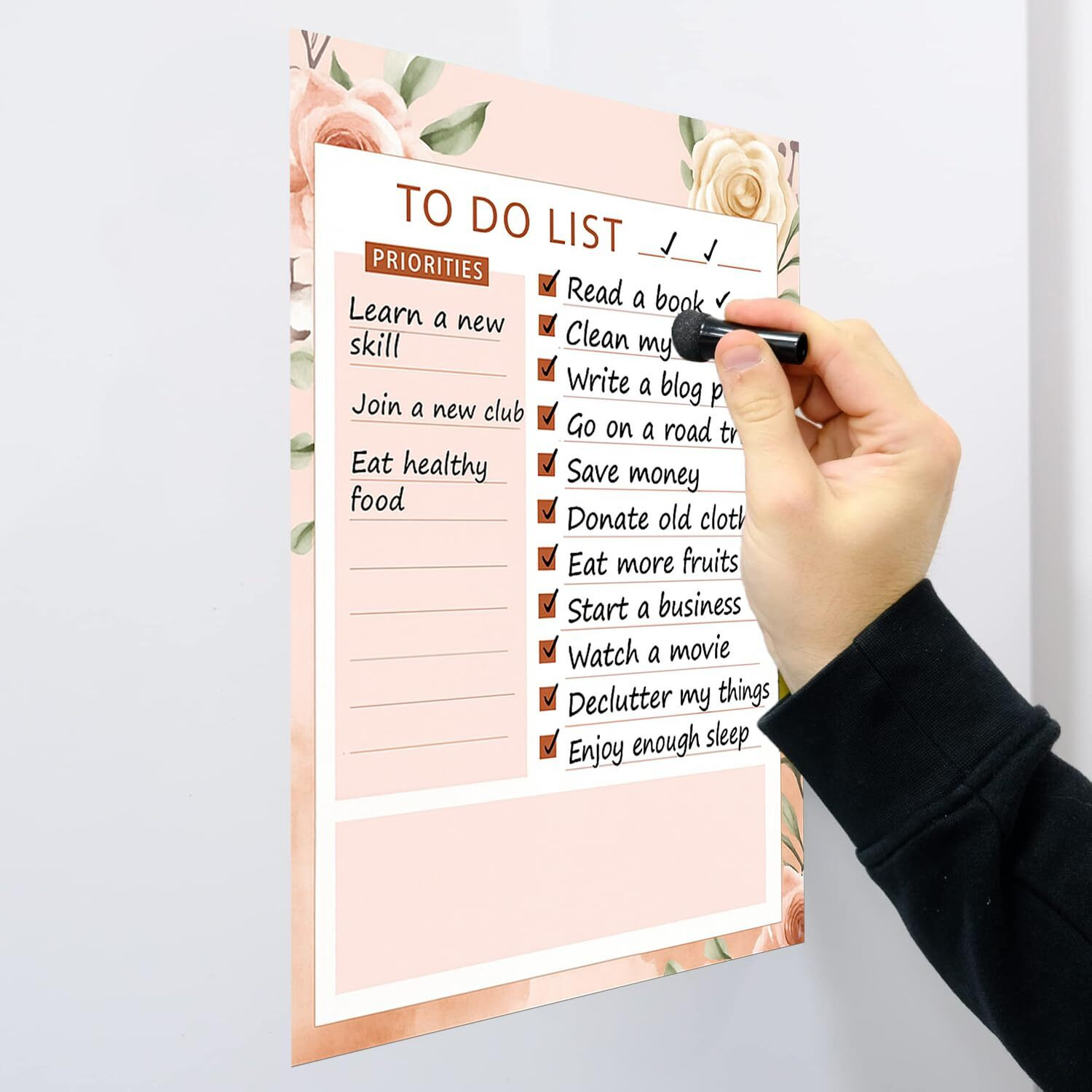Accuprints A4 Floral To-Do List Notepad With Priority Section (23X30Cm) Or 9X12 Inch With Magnetic Marker Pen - Dry Erase Flexible Writing Film For Kitchen Fridge/Office Godrej/Metal Wardrobe