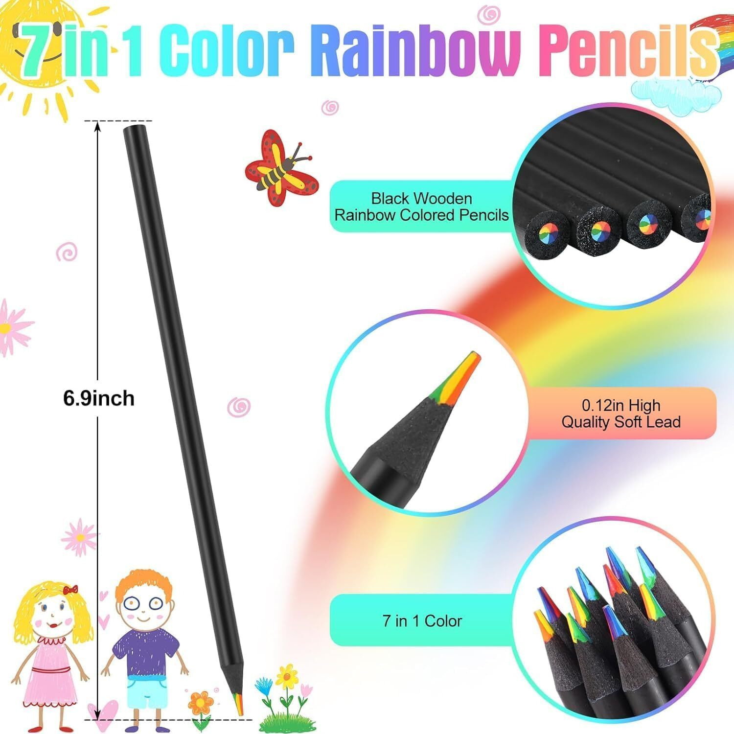 Accuprints 12 Colors Rainbow Pencils For Kids Adults, Rainbow Colored Pencil Art Supplies For Girls Boys, Black Wooden Multi Colored Pencils Bulk For Coloring Drawing Sketching, Pre-Sharpened. (A7P6)