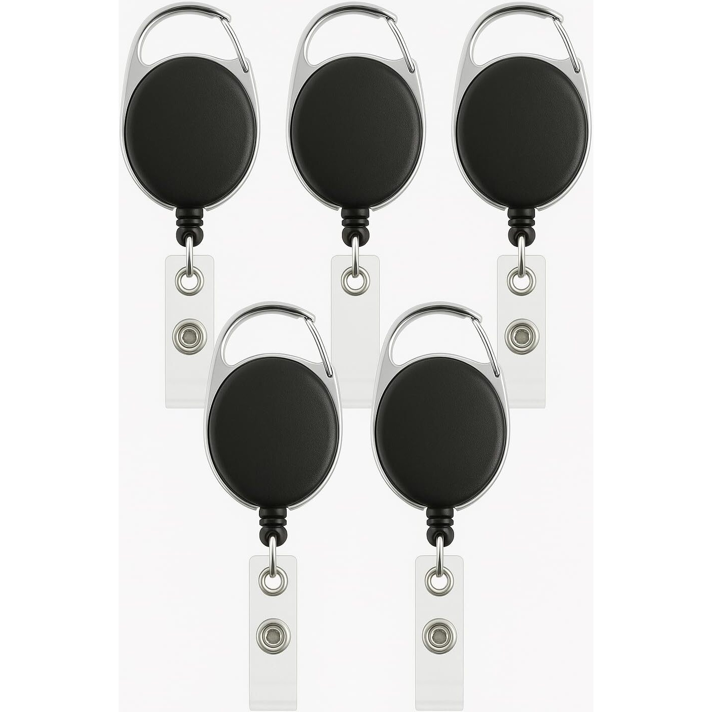 Accuprints Pack Of 5 Oval Round Reel Id Card Holder, Id Badge Reel Clip On Card Holders (5 Units, Black)