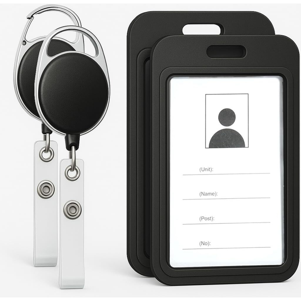 Accuprints Pack Of 2 Sliding Badge Holder Hard Black Vertical Plastic Card Case Protector With Retractable Badge Reel Carabiner For Office School Id Credit Proximity Key Card DriverS License And Pass