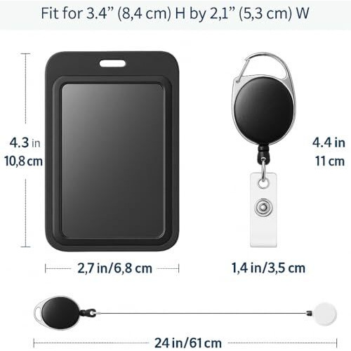 Accuprints Pack Of 2 Sliding Badge Holder Hard Black Vertical Plastic Card Case Protector With Retractable Badge Reel Carabiner For Office School Id Credit Proximity Key Card DriverS License And Pass