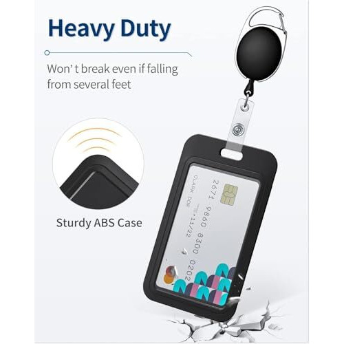Accuprints Pack Of 2 Sliding Badge Holder Hard Black Vertical Plastic Card Case Protector With Retractable Badge Reel Carabiner For Office School Id Credit Proximity Key Card DriverS License And Pass
