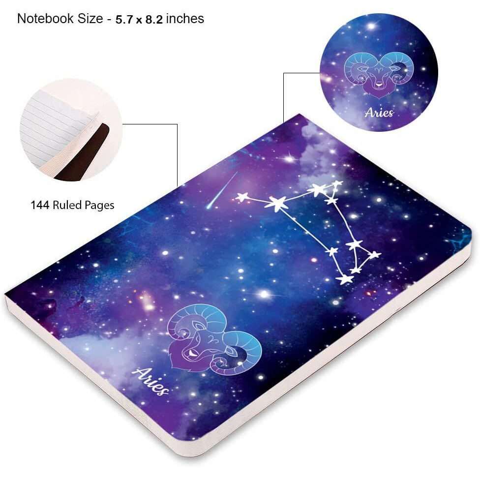 Accuprints A5 Premium Soft Bound Notebook Size 5.8 * 8.25 Inches Diary For Girls And Women (144 Ruled Pages With Planner, 80 Gsm) (Aries Zodiac Signs)