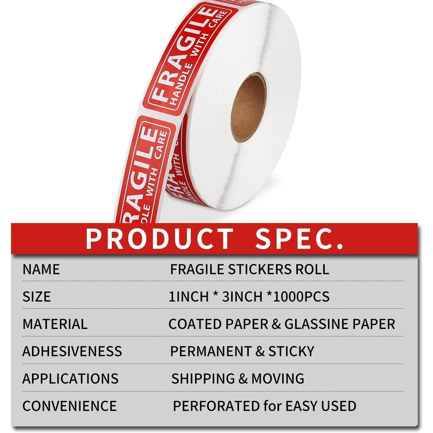 True-Ally 1 Roll Fragile Stickers - 3&quotX 1" Strong Adhesive Red Fragile Labels Handle With Care Warning Stickers For Shipping Packing Of Goods And Moving (1 Roll - 1000 Sticker)