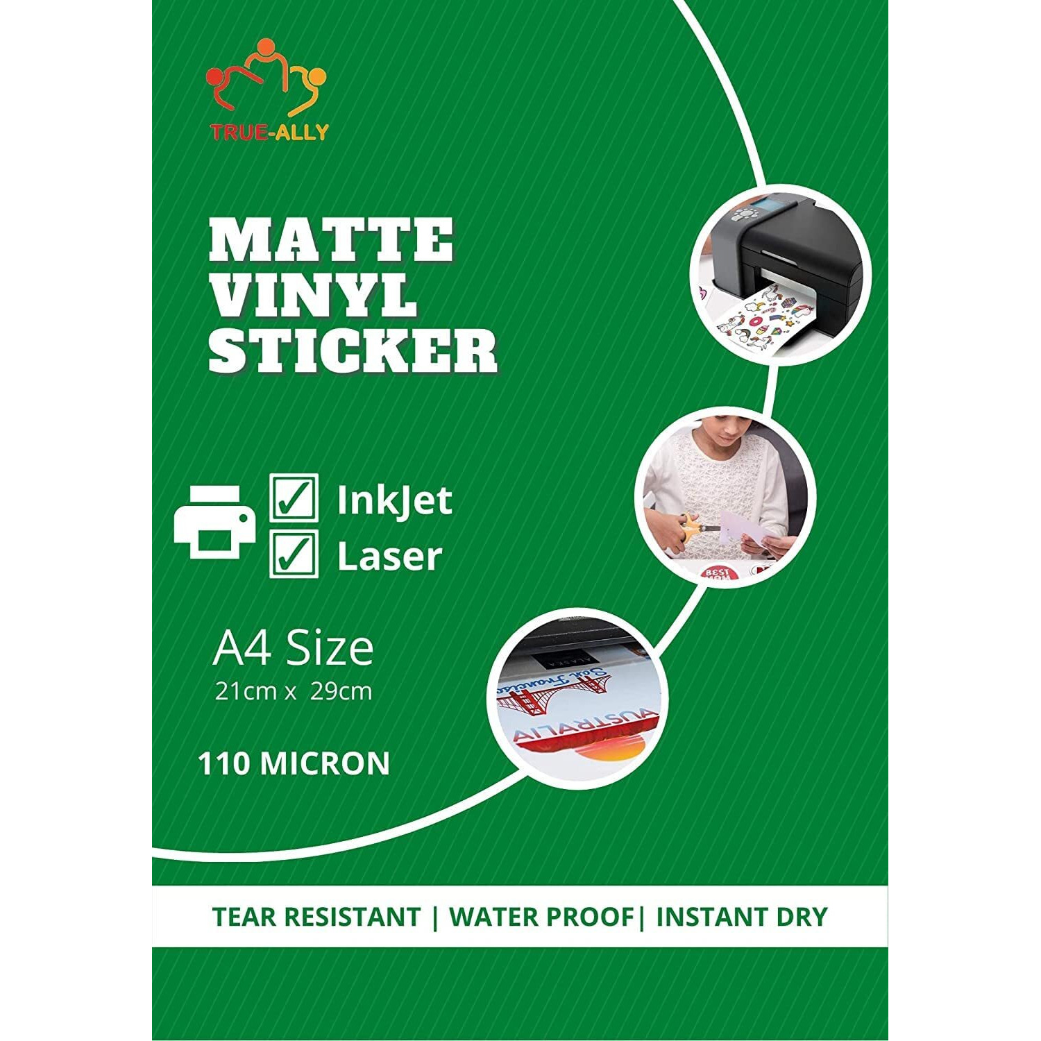 True-Ally White Matte Vinyl Sticker Self-Adhesive Photo Paper For Inkjet Printer Waterproof, Instant Dry, Tear Resistant Diy Sticker Printing Art (Pack Of 25 Sheets (A4 Size))