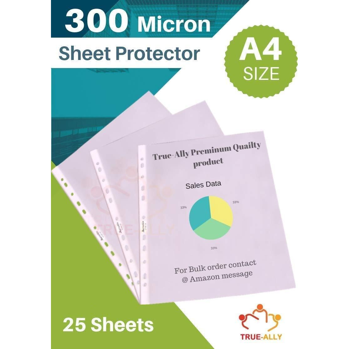 True-Ally Heavy Duty 25 Pcs 300 Micron Transparent Document Sleeves, Leaf Sheet Clear Certificates/Waterproof Sheet Protectors 11 Holes Punched Ring Files Folder (A4 Size) (25 Sheets - 300 Micron)