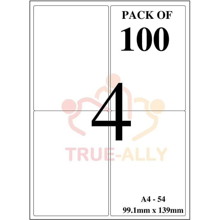 True-Ally Easy Ship Sticky Paper A4 Size Pack Of 400 Labels (100 Sheets) Print Order Shipping Address Pre-Cut Labels Invoices Stickers (4 Labels In 1 Sheet) (A4St4-100 Sheets)