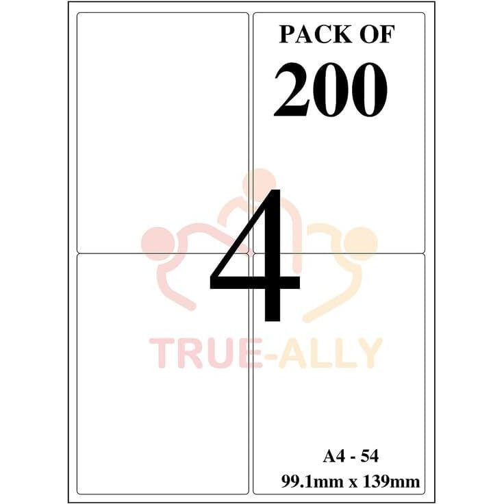 True-Ally Easy Ship Sticky Paper A4 Size Pack Of 400 Labels (100 Sheets) Print Order Shipping Address Pre-Cut Labels Invoices Stickers (4 Labels In 1 Sheet) (A4St4-100 Sheets)